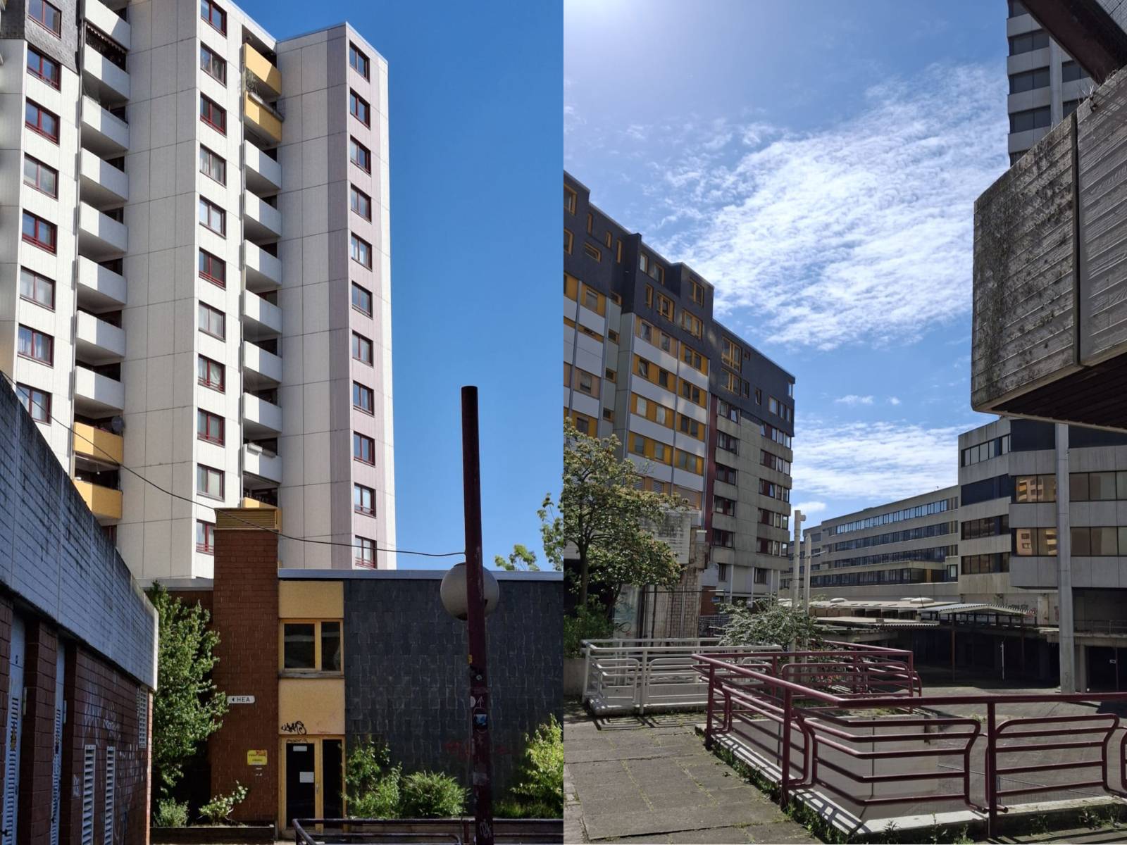 Eine Collage aus zwei Fotos. Links ist eines der Hochhäuser des Ihme-Zentrums zu sehen. Rechts ist die Ihme-Passage zu sehen.