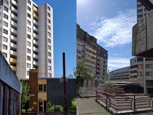 Eine Collage aus zwei Fotos. Links ist eines der Hochhäuser des Ihme-Zentrums zu sehen. Rechts ist die Ihme-Passage zu sehen.