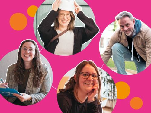 Auf dem Bild sind drei Frauen und ein Mann zu sehen, die in runden Portraits auf pinkem Hintergrund lächelnd in die Kamera schauen.