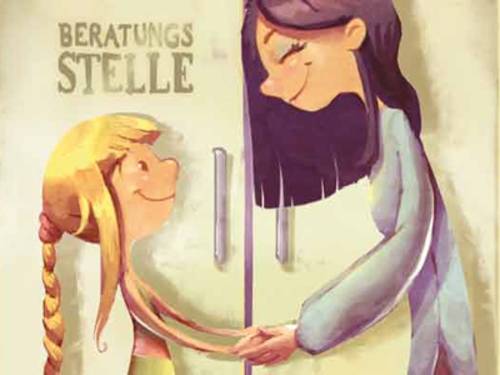 Zeichnung einer Frau, die einem kleinen M&auml;dchen die H&auml;nde reicht und dabei l&auml;chelt. Beide stehen vor einer T&uuml;r mit der Beschriftung "Beratungsstelle".