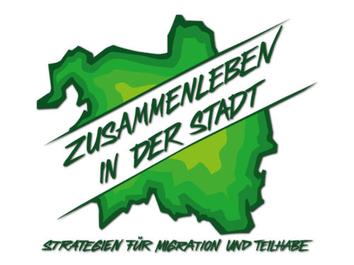 Logo: Umriss der Stadt mit dem Schriftzug "Zusammenleben in der Stadt" in der Mitte. Unten steht der Text "Strategien für Migration und Teilhabe"