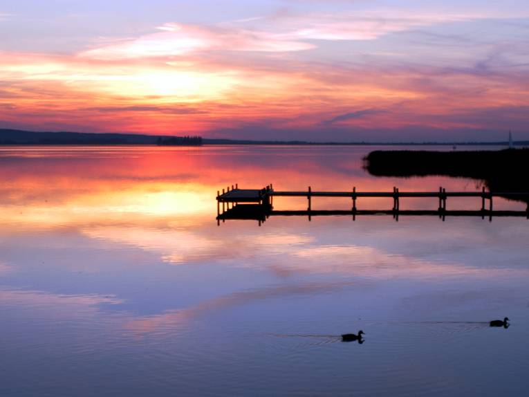 Ein Steg ragt dunkel ins Steinhuder Meer. Der Himmel leuchtet im Sonnenuntergang in verschiedenen Rottönen.