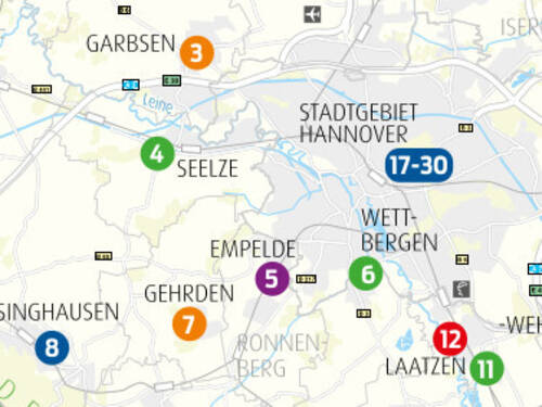 Grafische Darstellung des Regionsgebietes. Durchnummerierte Punkte markieren die Tourenziele. Einige Punkte liegen auch außerhalb des Regionsgebietes, in den teilnehmenden Nachbarlandkreisen. Grafische Darstellung des Regionsgebietes. Durchnummerierte Punkte markieren die Tourenziele. Einige Punkte liegen auch außerhalb des Regionsgebietes, in den teilnehmenden Nachbarlandkreisen.