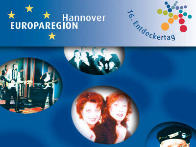 Ausschnitt aus dem Deckblatt des Programmheftes zum 16. Entdeckertag der Region Hannover. Entdeckertagslogo "16. Entdeckertag der Region Hannover" und der Text "Hannover. Europaregion" vor blauem Hintergrund. Darunter sind Bilder der Programmhighlights zu sehen. Ausschnitt aus dem Deckblatt des Programmheftes zum 16. Entdeckertag der Region Hannover. Entdeckertagslogo "16. Entdeckertag der Region Hannover" und der Text "Hannover. Europaregion" vor blauem Hintergrund. Darunter sind Bilder der Programmhighlights zu sehen.