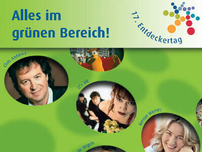 Ausschnitt aus dem Deckblatt des Programmheftes zum 17. Entdeckertag der Region Hannover. Entdeckertagslogo "17. Entdeckertag der Region Hannover" und der Text "Alles im grünen Bereich" vor hellgrünem Hintergrund. Darunter sind Bilder der Programmhighlights, zum Beispiel Chris Andrews. Ausschnitt aus dem Deckblatt des Programmheftes zum 17. Entdeckertag der Region Hannover. Entdeckertagslogo "17. Entdeckertag der Region Hannover" und der Text "Alles im grünen Bereich" vor hellgrünem Hintergrund. Darunter sind Bilder der Programmhighlights, zum Beispiel Chris Andrews.