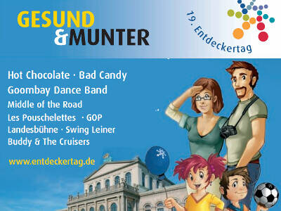 Ausschnitt aus dem Deckblatt des Programmheftes zum 19. Entdeckertag der Region Hannover. Entdeckertagslogo "19. Entdeckertag der Region Hannover" und der Text "Gesund & Munter" vor blauem Hintergrund. Darunter ist ein Teil der Entdeckerfamilie vor dem hannoverschen Opernhaus zu sehen. Ausschnitt aus dem Deckblatt des Programmheftes zum 19. Entdeckertag der Region Hannover. Entdeckertagslogo "19. Entdeckertag der Region Hannover" und der Text "Gesund & Munter" vor blauem Hintergrund. Darunter ist ein Teil der Entdeckerfamilie vor dem hannoverschen Opernhaus zu sehen.