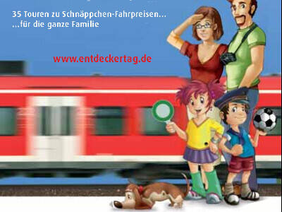 Ausschnitt aus dem Deckblatt des Programmheftes zum 23. Entdeckertag der Region Hannover. Die Entdeckertagsfamilie ist vor einer roten, vorbeirauschenden S-Bahn abgebildet. Der Hintergrund ist hellblau. Die Familienmitglieder sind mit Gegenständen ausgestattet, die zum Thema "Mobilität für die Zukunft - 10 Jahre S-Bahn in der Region Hannover" passen: Schaffnerkelle und Lokomotivführermütze. Oben links steht der Text: "35 Touren zu Schnäppchen-Fahrpreisen... ...für die ganze Familie. www.entdeckertag.de" Ausschnitt aus dem Deckblatt des Programmheftes zum 23. Entdeckertag der Region Hannover. Die Entdeckertagsfamilie ist vor einer roten, vorbeirauschenden S-Bahn abgebildet. Der Hintergrund ist hellblau. Die Familienmitglieder sind mit Gegenständen ausgestattet, die zum Thema "Mobilität für die Zukunft - 10 Jahre S-Bahn in der Region Hannover" passen: Schaffnerkelle und Lokomotivführermütze. Oben links steht der Text: "35 Touren zu Schnäppchen-Fahrpreisen... ...für die ganze Familie. www.entdeckertag.de"