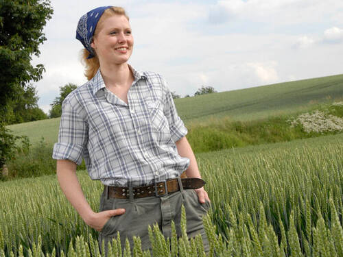 Junge, hemdsärmelige Frau, die in einem Getreidefeld steht, und über das Land blickt Junge, hemdsärmelige Frau, die in einem Getreidefeld steht, und über das Land blickt