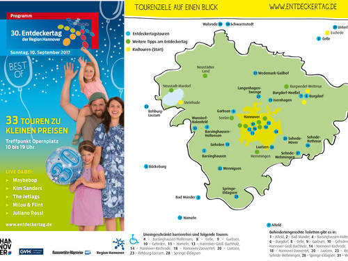 Vorschau auf das Programmheft zum 30. Entdeckertag der Region Hannover, der am Sonntag, 10. September 2017, stattfindet. Vorschau auf das Programmheft zum 30. Entdeckertag der Region Hannover, der am Sonntag, 10. September 2017, stattfindet.