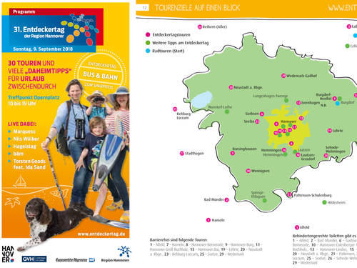 Vorschau auf das Programmheft zum 31. Entdeckertag der Region Hannover, der am Sonntag, 9. September 2018, stattfindet. Vorschau auf das Programmheft zum 31. Entdeckertag der Region Hannover, der am Sonntag, 9. September 2018, stattfindet.